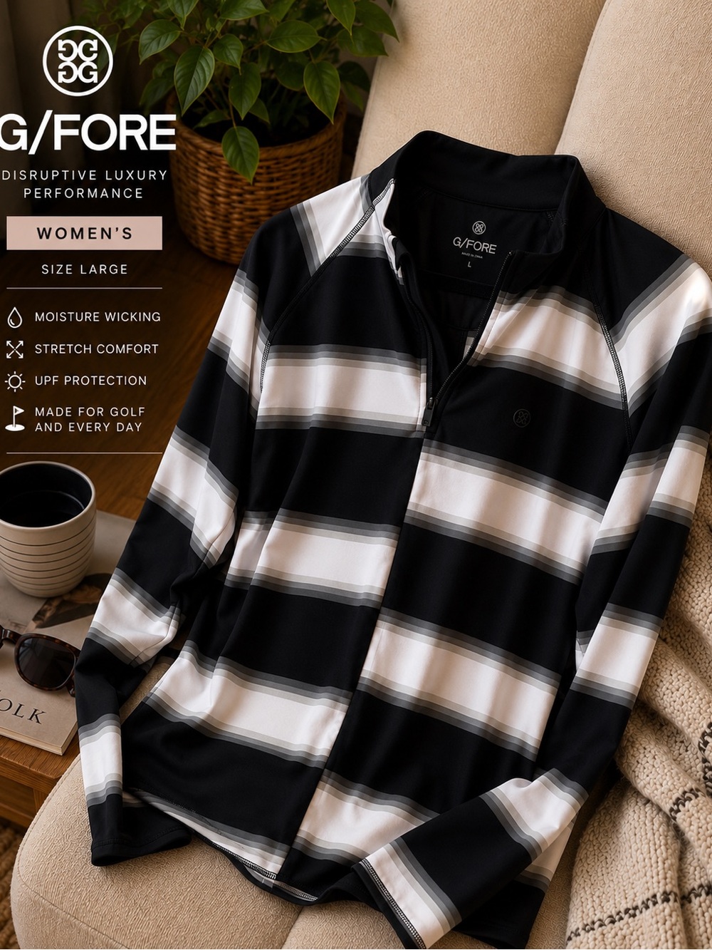 G/FORE Black, White & Gray Striped Golf Quarter-Zip Pullover--Large WOMENS